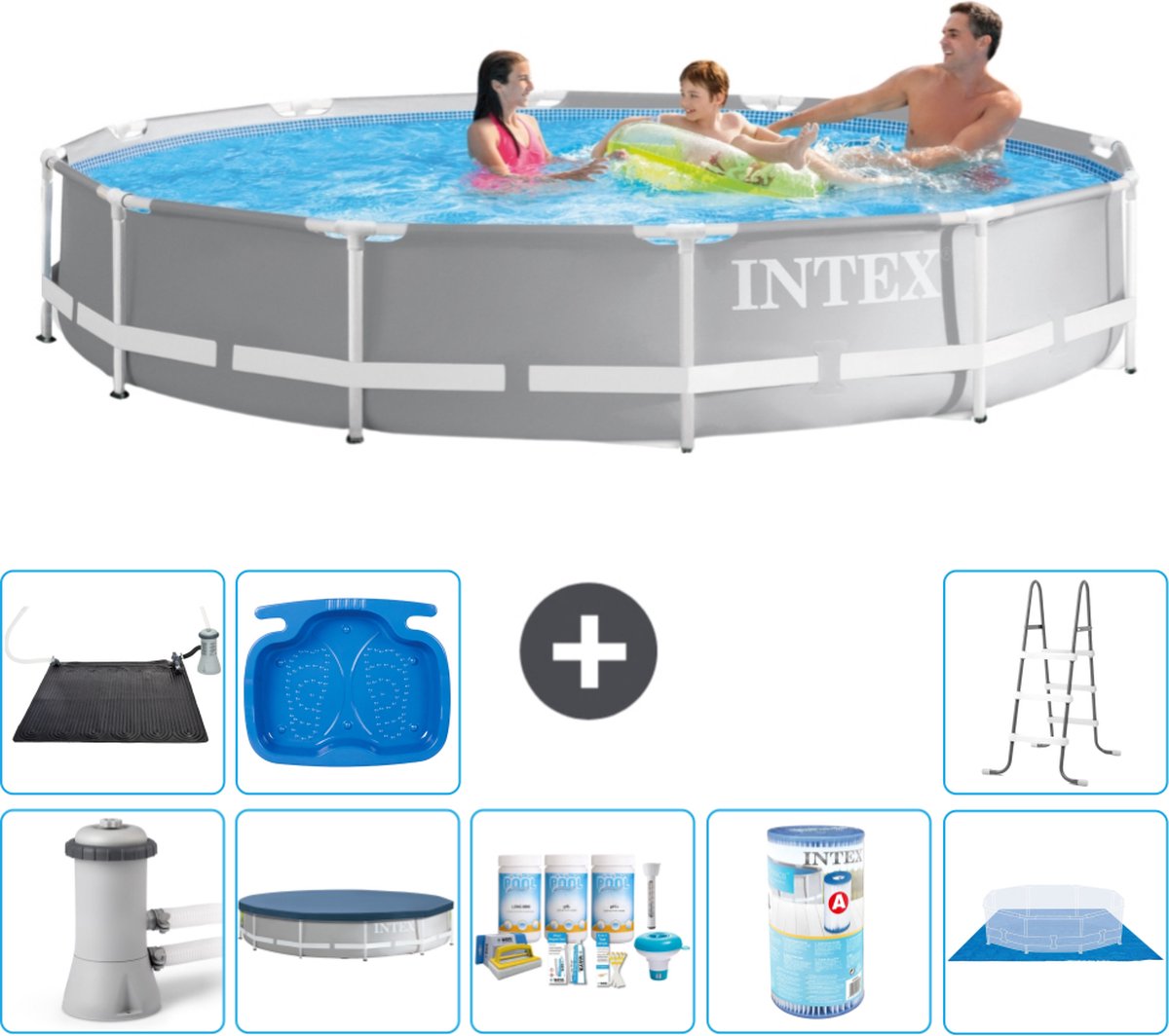 Intex Rond Prism Frame Zwembad - 366 x 76 cm - Grijs - Inclusief Pomp - Afdekzeil - Onderhoudspakket - Filter - Grondzeil - Solar Mat - Ladder - Voetenbad - 9-delig