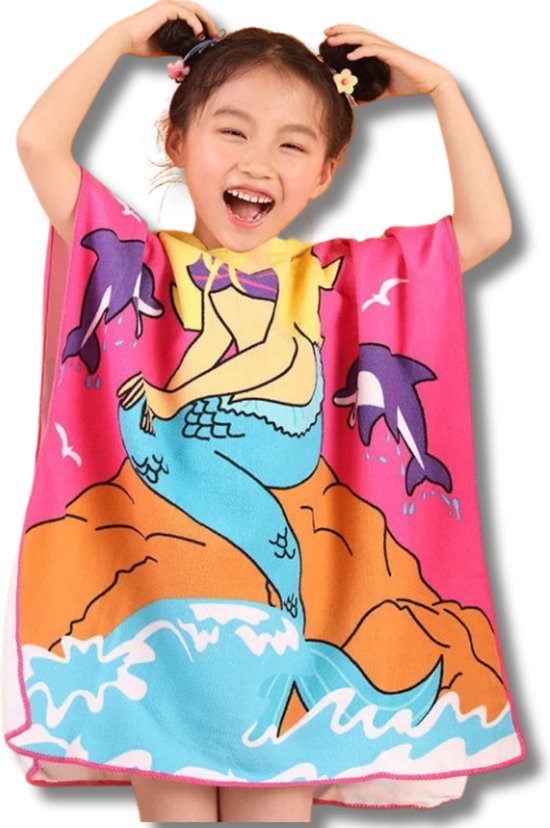 BoefieBoef Sprookjesachtige Zeemeermin Dolfijn BadPoncho - De Perfecte Microvezel Kinderhanddoek met Capuchon voor Peuters en Kleuters (1-6 jaar) - roze