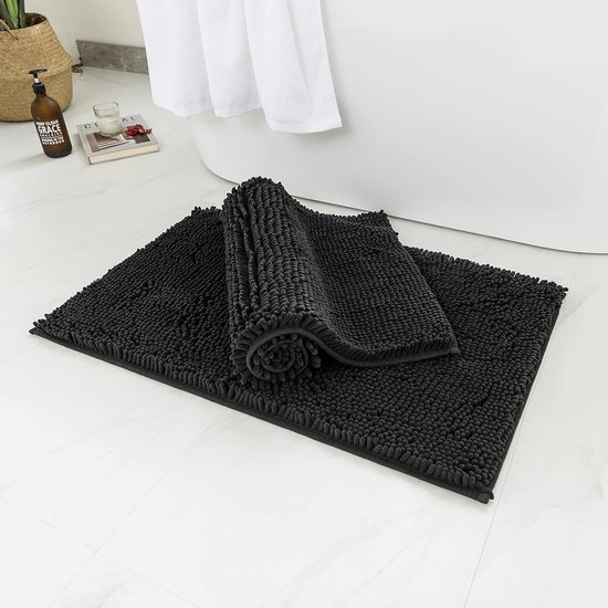 Bastix - Chenille badkamertapijt, antislip, wasbaar, badmat, douchemat, voetmat, badkamer, zacht tapijt, woonkamer, slaapkamer, 40 x 60 cm, zwart