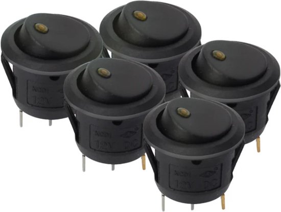 Tuimelschakelaar, 5 stuks, 12 V schakelaar, tuimelschakelaar, aan/uit, vergrendelbaar met zelfremming, mini-schakelaar, 2-polig, rond, voor inbouw, camper, schakelaar, knop, modelbouw, auto, boot