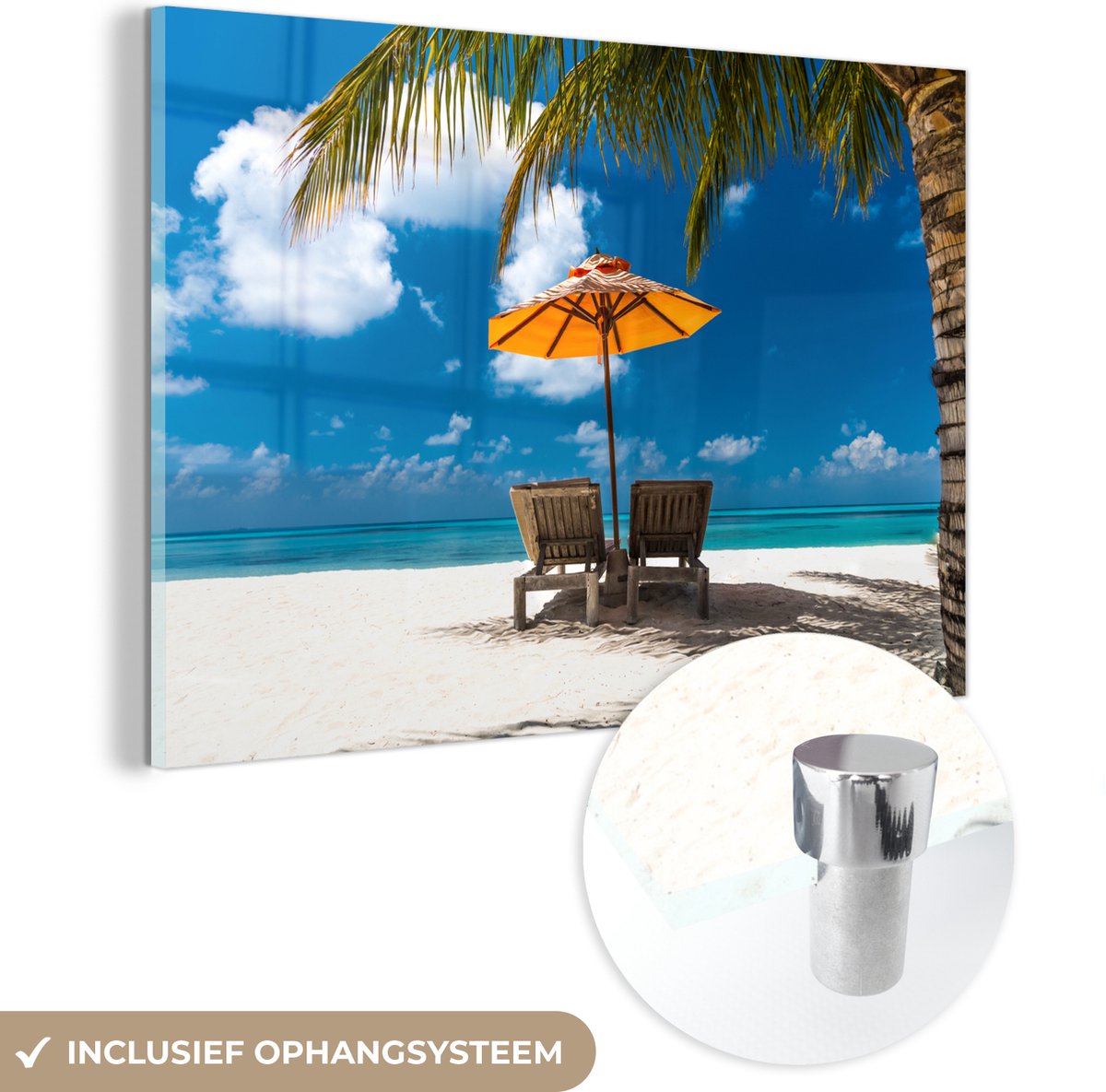 ® Glasschilderij 90x60 cm - Schilderij acrylglas - Palm - Parasol - Strandstoel - Foto op glas - Muurdecoratie woonkamer - Wanddecoratie slaapkamer - Schilderijen