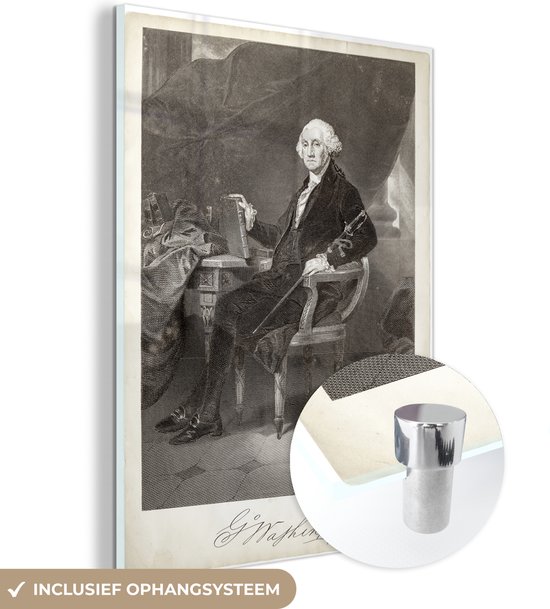 MuchoWow® Glasschilderij 30x40 cm - Schilderij acrylglas - Een illustratie van de Amerikaanse George Washington - Foto op glas - Schilderijen