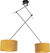 QAZQA blitz - Landelijke Hanglamp met kap - 2 lichts - L 750 mm - Zwart Goud - Woonkamer | Slaapkamer | Keuken