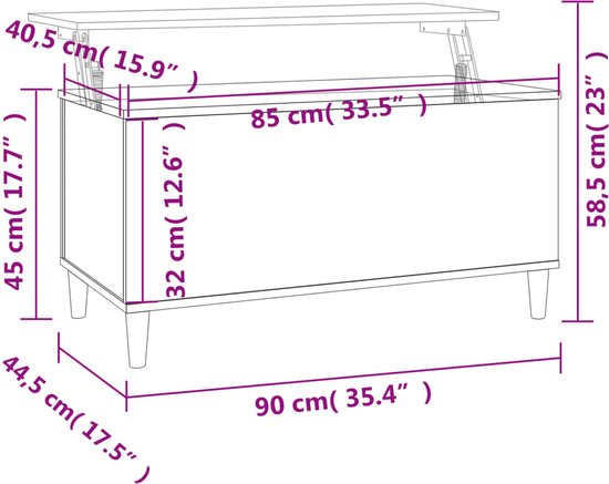Grijze salontafel met houtnerf, 90 cm lang, 44,5 cm breed, 58,5 cm hoog, met opklapbaar blad.