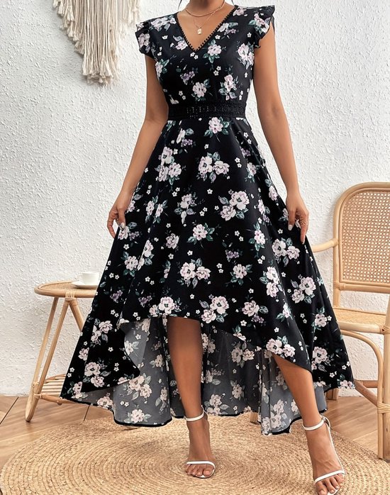 Prachtige sexy elegante zwarte jurk met bloemen maxi lange jurk maat XL bol