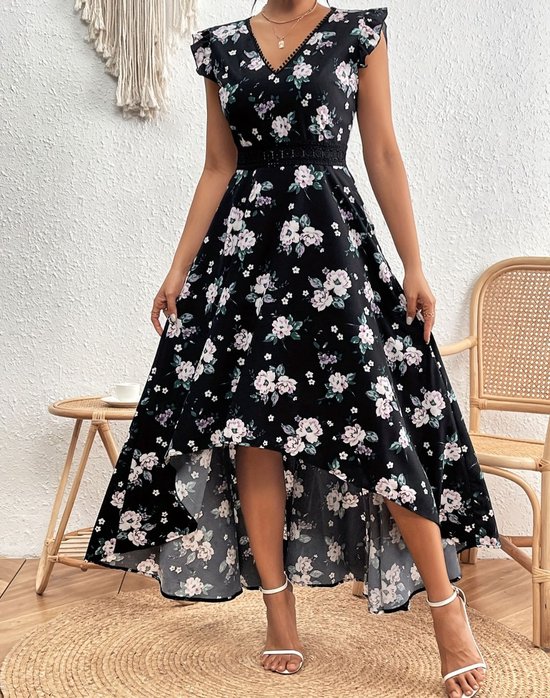 Prachtige sexy elegante zwarte jurk met bloemen maxi lange jurk maat XL