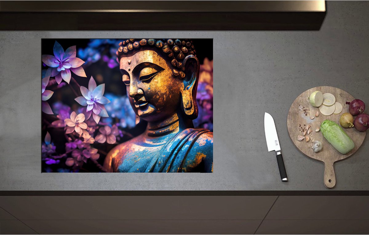 Inductieplaat Beschermer - Boeddha voor Struik vol Paarse Lelies - 70x55 cm - 2 mm Dik - Inductie Beschermer - Bescherming Inductiekookplaat - Kookplaat Beschermer van Wit Vinyl