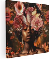 Artaza Canvas Schilderij Zwarte Vrouw met Bloemen op haar Hoofd - 30x30 - Klein - Foto Op Canvas - Canvas Print