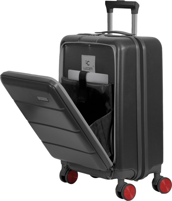 Zwarte koffer met rode wielen, open voorvak met laptopvak en LC Lucceti logo.