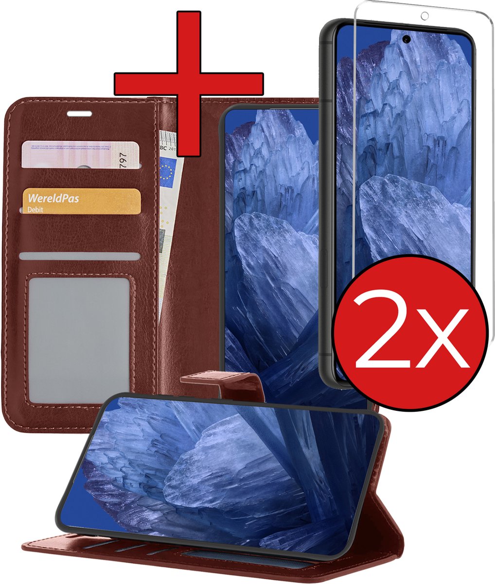 Hoesje - Met 2x Screenprotector - Geschikt voor Google Pixel 8a - Luxe Pasjeshouder - Flip Case - Bookcase Portemonee - Kunstleer Book Case - Flipcase Hoes - Book Cover - Walletcase - Portemonneehoes - Telefoonhoes - Bruin