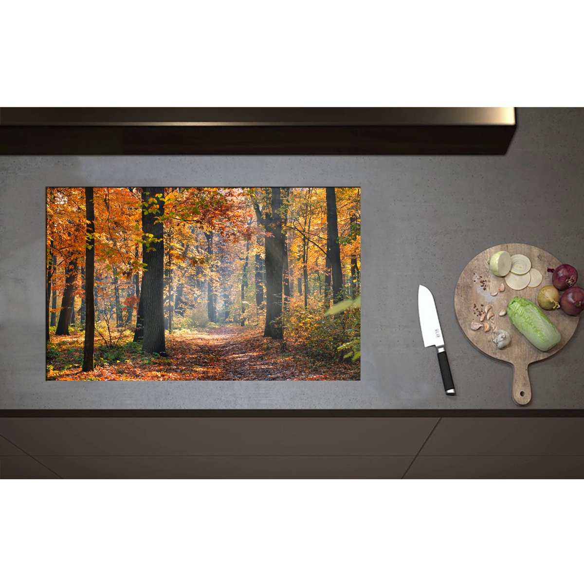 Inductieplaat Beschermer - Bos met Oranje Blaadjes in de Herfst - 80x50 cm - 2 mm Dik - Inductie Beschermer - Bescherming Inductiekookplaat - Kookplaat Beschermer van Wit Vinyl