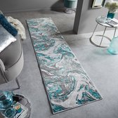 Flycarpets Loper Modern Vloerkleed - Marbled - Laagpolig - Marmer - Blauw - 60x230 cm