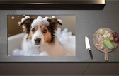 Inductieplaat Beschermer - Border collie hond in bad met zeepbubbels - 85x52 cm - 2 mm Dik - Inductie Beschermer - Bescherming Inductiekookplaat - Kookplaat Beschermer van Wit Vinyl