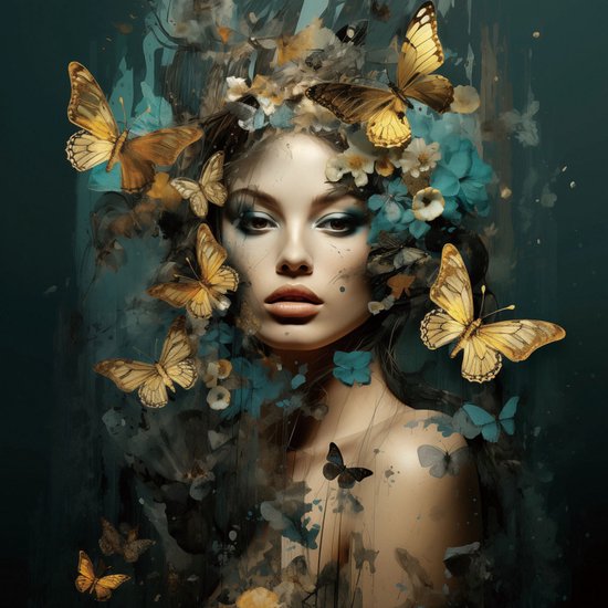 Glasschilderij 80x80x0.4 Woman with golden butterflies