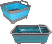Opvouwbare afwasbak en afdruiprek - grijs/blauw - kunststof - keuken benodigdheden - reis accessoire