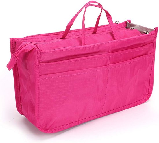 Organizer voor in de handtas, bedrukt, met 13 vakken, handgreep en ritssluiting, uitbreidbaar, roze