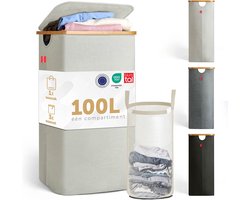 Blumtal Wasmand 100L - Wasmand met uitneembare waszak - Smalle wasmand - Flesverzamelaar - Wasmand met deksel - Beige