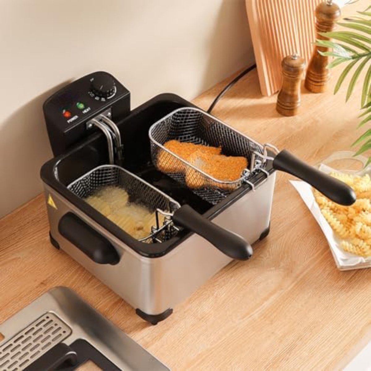 Dubbele frituurpan - Dubbele friteuse - Dubbele frietpan - ‎20 x 20 x 28 cm - 3,6 kg - Zilver - 2000W