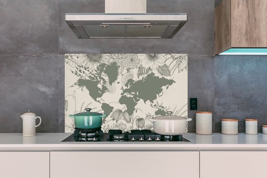 Spatscherm keuken 100x65 cm - Kookplaat achterwand Wereldkaart - Grijs - Bloemen - Muurbeschermer - Spatwand fornuis - Hoogwaardig aluminium