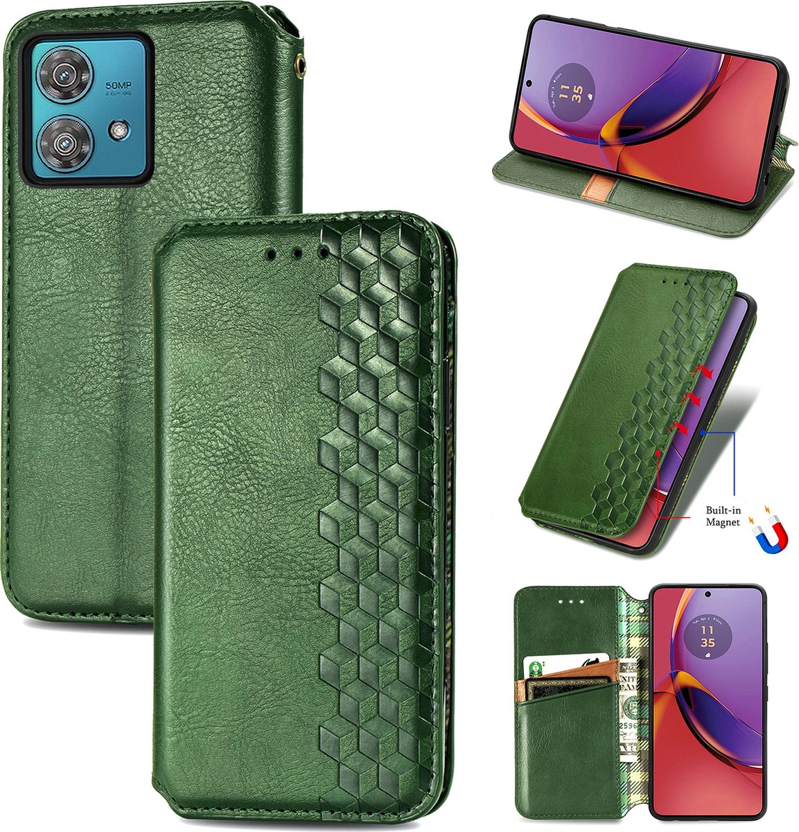 Luxe PU Lederen Ruitpatroon Wallet Case + PMMA Screenprotector voor Moto G84 5G _ Groen