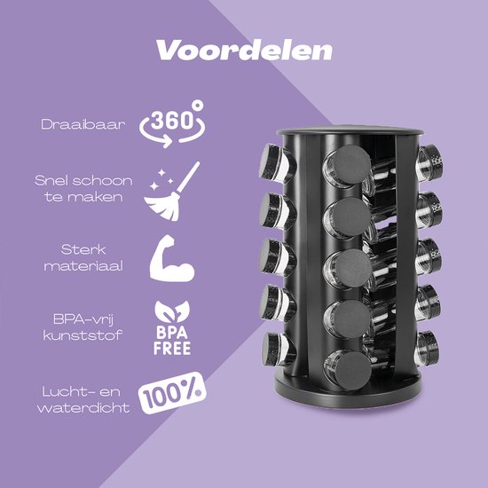 Een stapel van 20 lege glazen kruidenpotjes met zwarte deksels.