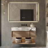 Badkamerspiegel met Klok en Verlichting - Anti Condens Verwarming - Badkamerspiegel Met Zwarte Rand - Zwart Frame - Zwart - 100 x 60 cm