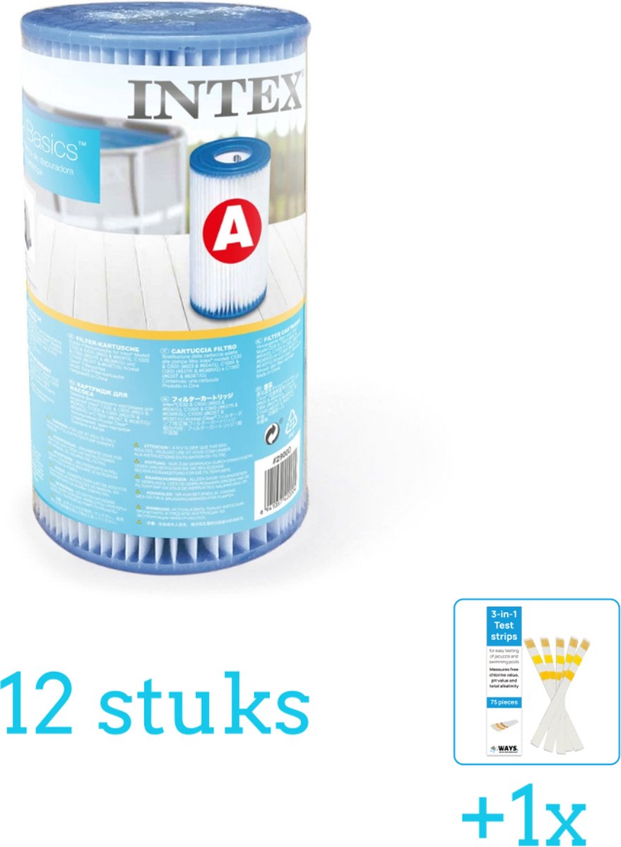 Intex Filter Cardridge Type A 12 stuks Voordeelverpakking Inclusief WAYS Testrips (1 stuks) Type A filter Geschikt voor 28604GS 28636GS 28638GS Pomp