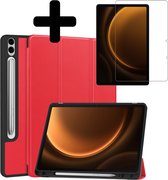 Hoes Geschikt voor Samsung Galaxy Tab S9 FE Plus Hoes Luxe Hoesje Case Met Uitsparing Geschikt voor S Pen Met Screenprotector - Hoesje Geschikt voor Samsung Tab S9 FE Plus Hoes Cover - Rood