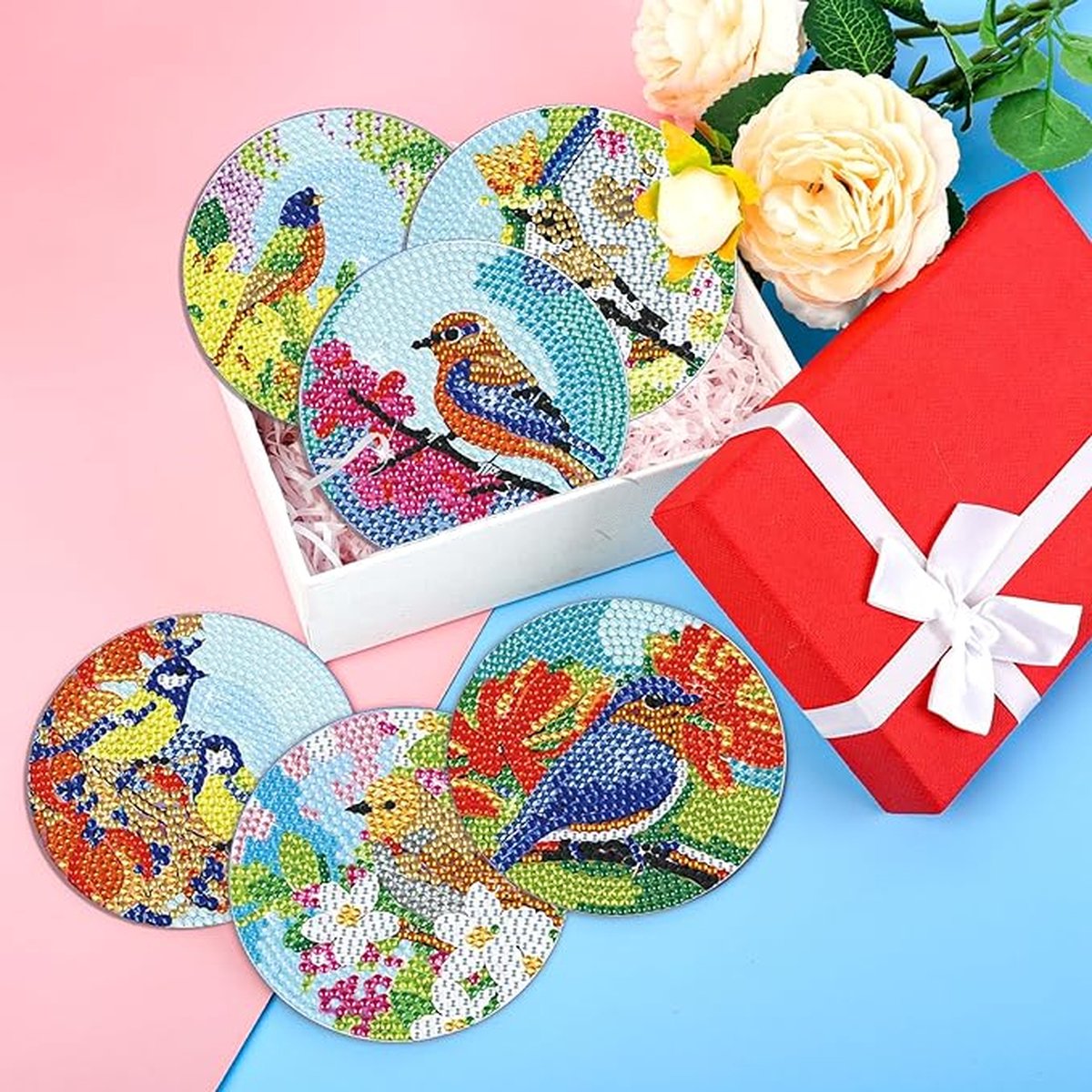 F4B Diamond Painting Onderzetters Vogels – 8 Stuks – Met Houder – Ø10 cm — afbeelding 11