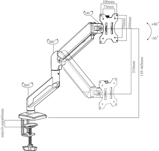 VESA monitor beugel voor 1 scherm - Bureau - Gasveer Monitorbeugel - VESA 75x75 - VESA 100x100- Monitor Arm 10-40 Inch - Full Motion voor op Kantoor en Thuis - Zwart