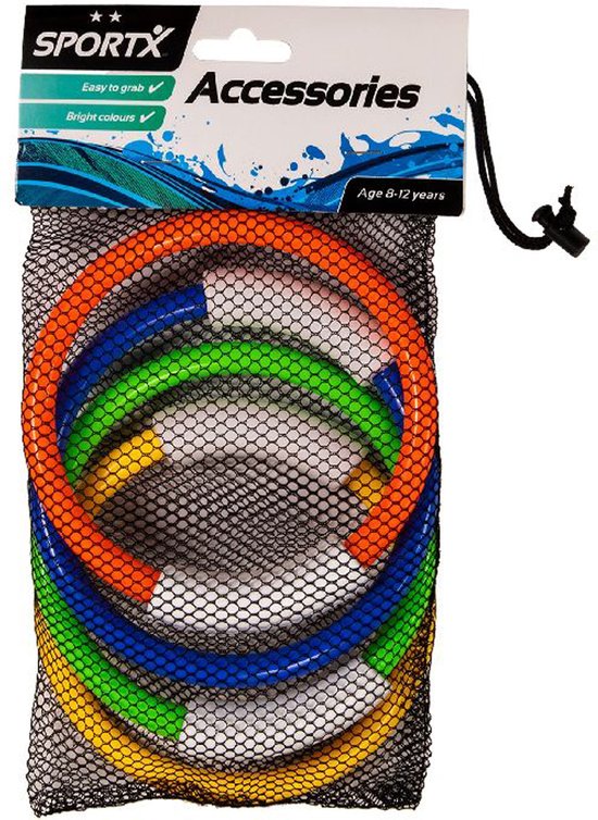 Een netzak met vier gekleurde duikringen: oranje, groen, blauw en geel, met witte handgrepen.