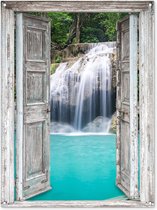 Tuinposter - Doorkijk - Waterval - Landschap - Bomen - Regenwoud - 90x120 cm - Schuttingdoek - Doorkijk tuinposter - Tuindoek - Buitenposter