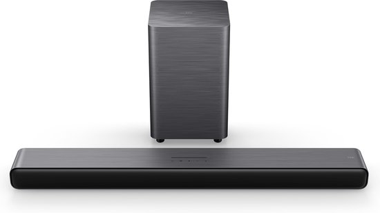 Zwarte soundbar en subwoofer op witte achtergrond.
