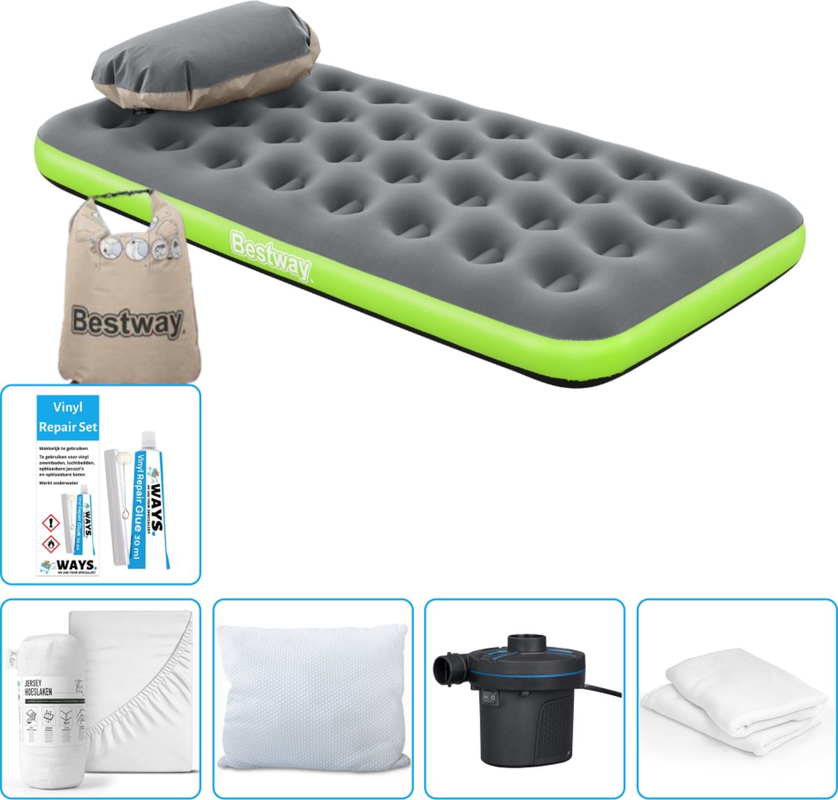 Bestway luchtbed - 1-Persoons - 99 x 188 x 22 cm - Grijs/Groen - Inclusief Hoeslaken - Kussen - Kussenbeschermer - Pomp en Reparatieset