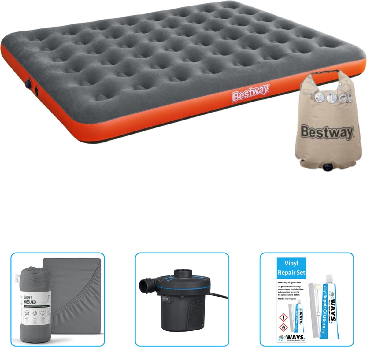 Bestway luchtbed - 2-Persoons - 152 x 203 x 22 cm - Grijs/Oranje - Inclusief Hoeslaken - Pomp en Reparatieset