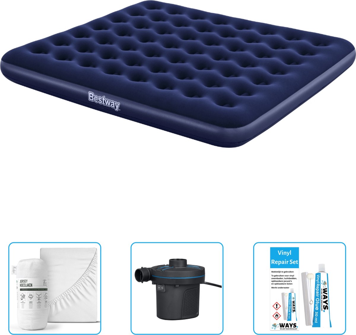 Bestway luchtbed - 2-Persoons - 183 x 203 x 22 cm - Blauw - Inclusief Hoeslaken - Pomp en Reparatieset