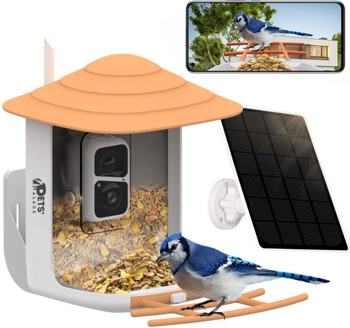 Pets Palace Oplaadbaar Vogelhuisje met Camera - Hangend Vogelvoederhuisje met Zonnepaneel - AI Vogelherkenning - Inclusief 128 GB SD Kaart - Pets Palace