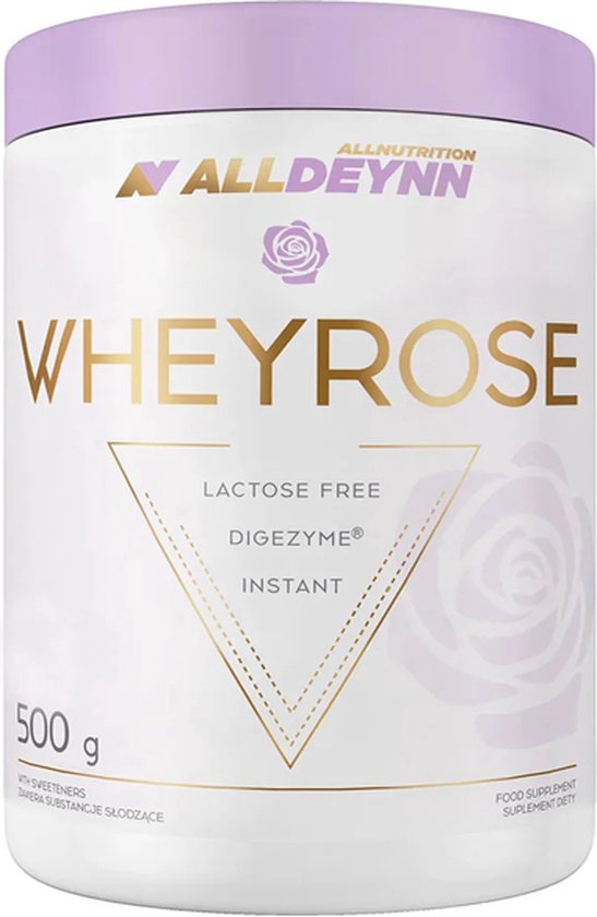 Alldeynn | WheyRose | White chocolate Raspberry | with pieces of Raspberry 500gr 16 doseringen | Lactose vrij | Instant | Digezyme | Spijsvertering Enzymen | Whey Proteïne | Whey Protein | Nutriworld