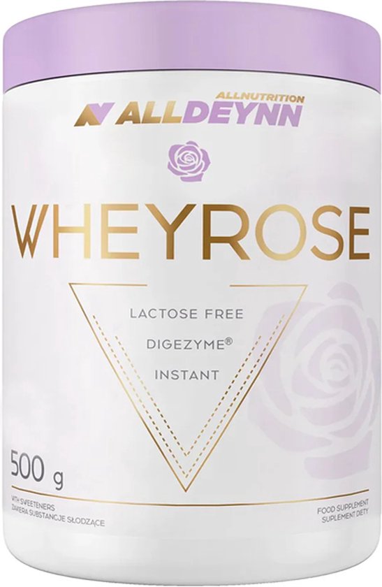 Foto: Alldeynn wheyrose white chocolate raspberry with pieces of raspberry 500gr 16 doseringen lactose vrij instant digezyme spijsvertering enzymen whey prote ne whey protein nutriworld