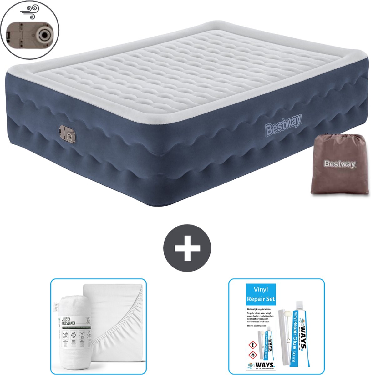 Bestway luchtbed - 2-Persoons - 152 x 203 x 51 cm - Blauw - Inclusief pomp - Hoeslaken en Reparatieset
