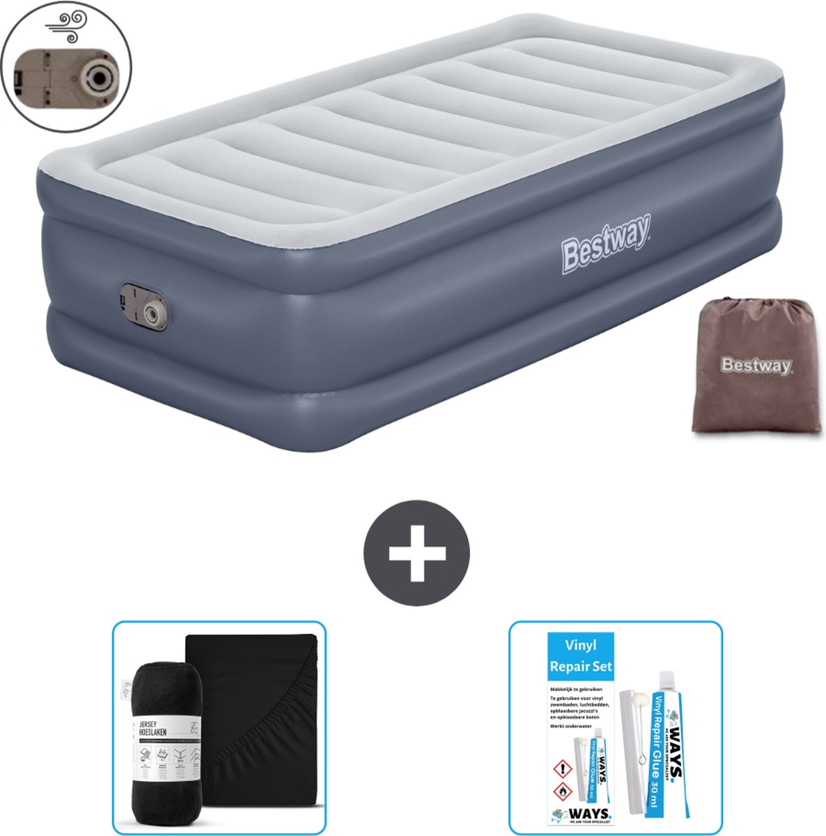 Bestway luchtbed - 1-Persoons - 97 x 191 x 51 cm - Grijs - Inclusief pomp - Hoeslaken en Reparatieset