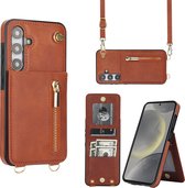 Geschikt Voor Samsung Galaxy S24 Hoesje Met Koord - Solidenz S24 Wallet Case Cover - Telefoonhoes - Backcover Met Koordje - Cord Case - Lanyard - Hoesje S24 - Bruin