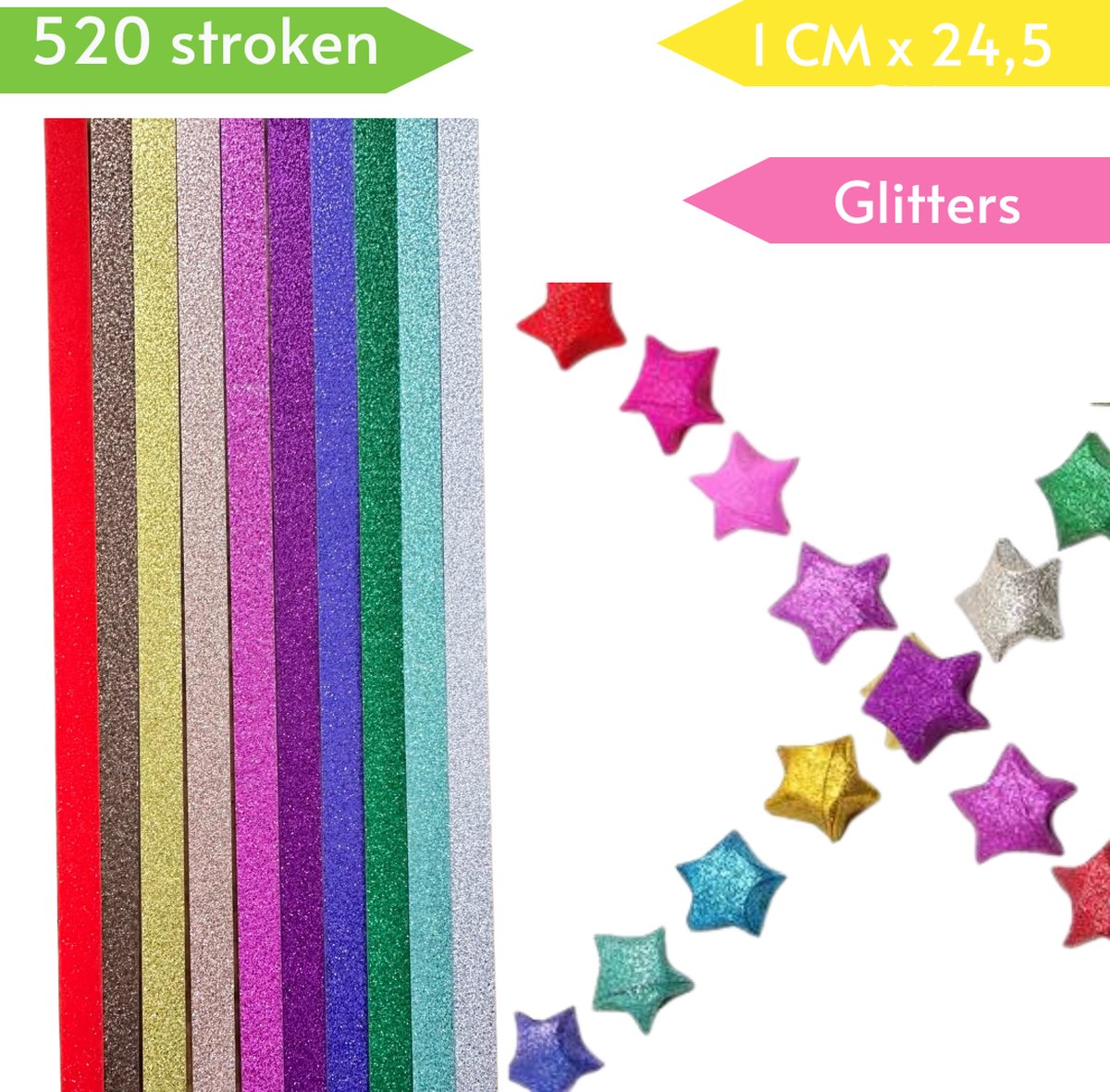 Glitter Papierstroken in 10 kleuren - 520 stuks - Origami Papier voor vouwen van gelukssterren - 1CMx24CM - Lucky Stars/Muizentrappetjes — afbeelding 5