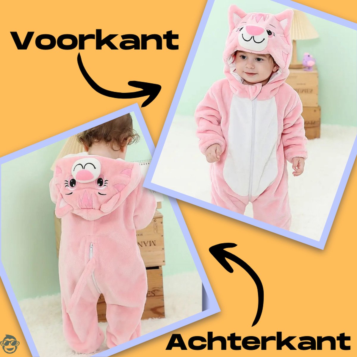 BoefieBoef Dieren Kleuter Onesie Peuter Pyjama Kinderen – Verkleedkleding met Luierrits – Carnaval Dierenpak - Kerst Cadeau- Zacht Flanel - Baby Romper - Boxpak - Jongens - Meisjes - Kruippak - Winterpak - Poes Roze Kat Cat — afbeelding 7