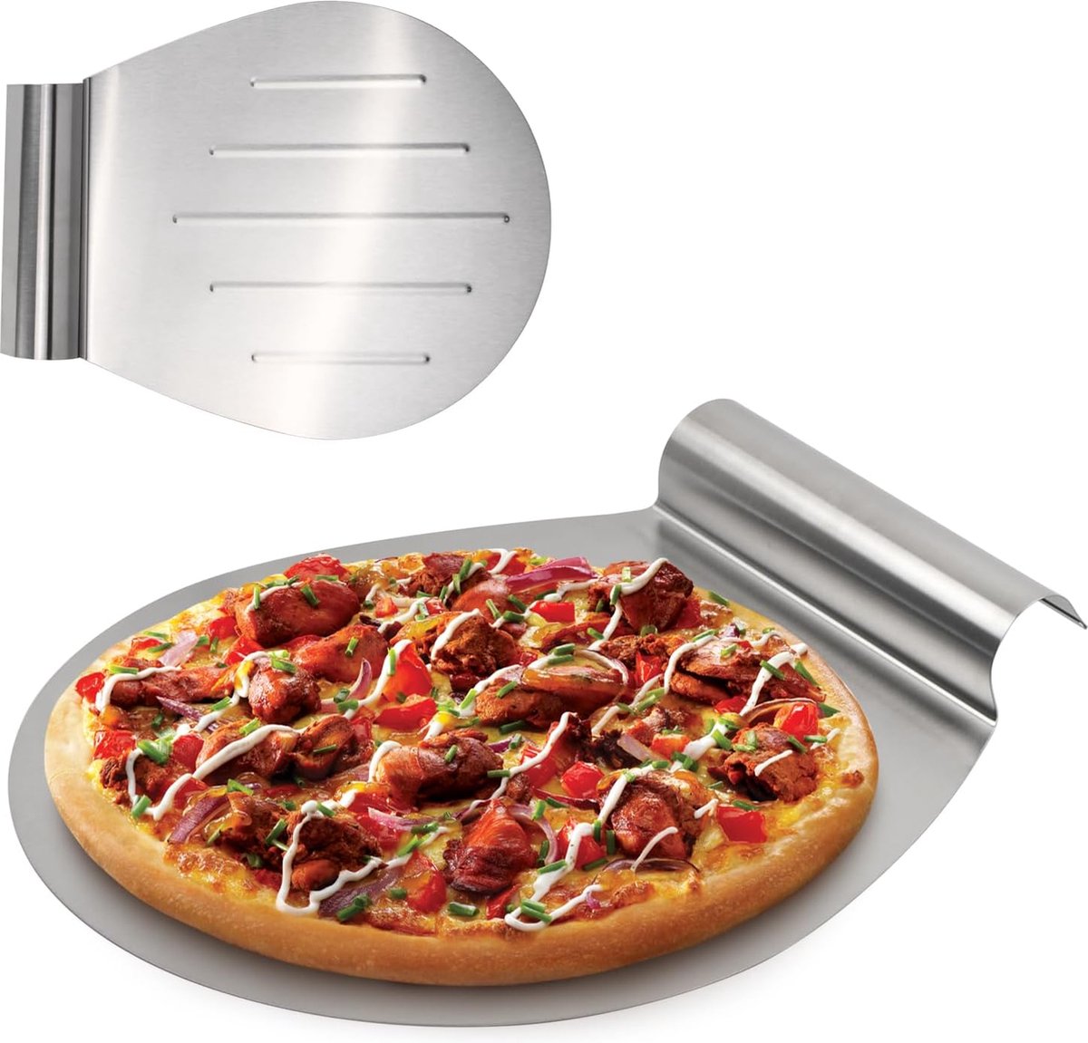 Taart- en pizza-opruimer, pizzaschep, blik met handgreep, taartschep, roestvrij staal, taartredder (zilverkleurig - rond)