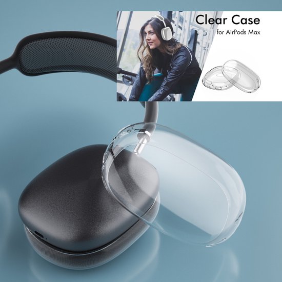 Een vrouw met een witte AirPods Max, gedetailleerd met een doorzichtige hoes om de oorschelpen.
