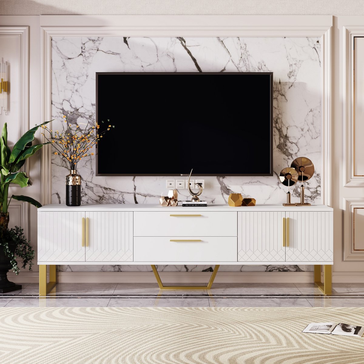 Sweiko Hoogglans TV kast: vloer, gouden handgrepen en voeten, deur met gegraveerde textuur, opbergoplossing voor de woonkamer, perfecte combinatie van elegantie, luxe en functionaliteit