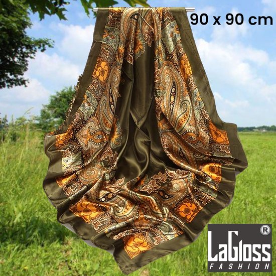 LaGloss® Luxe Vintage Groen Gouden Sjaal - Winddicht & Zonbeschermend - Hoofddoek - Haar accessoire - Bruin Goud Kleurblok - Vierkant - 90 x 90 cm %%