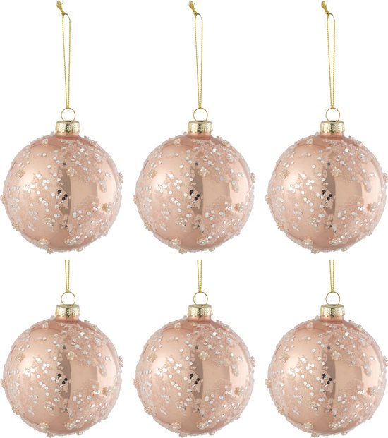 J-Line Doos Van 6 Kerstballen Suiker/Zilver Glitter Glas Mat/Blinkend Licht Roze Small