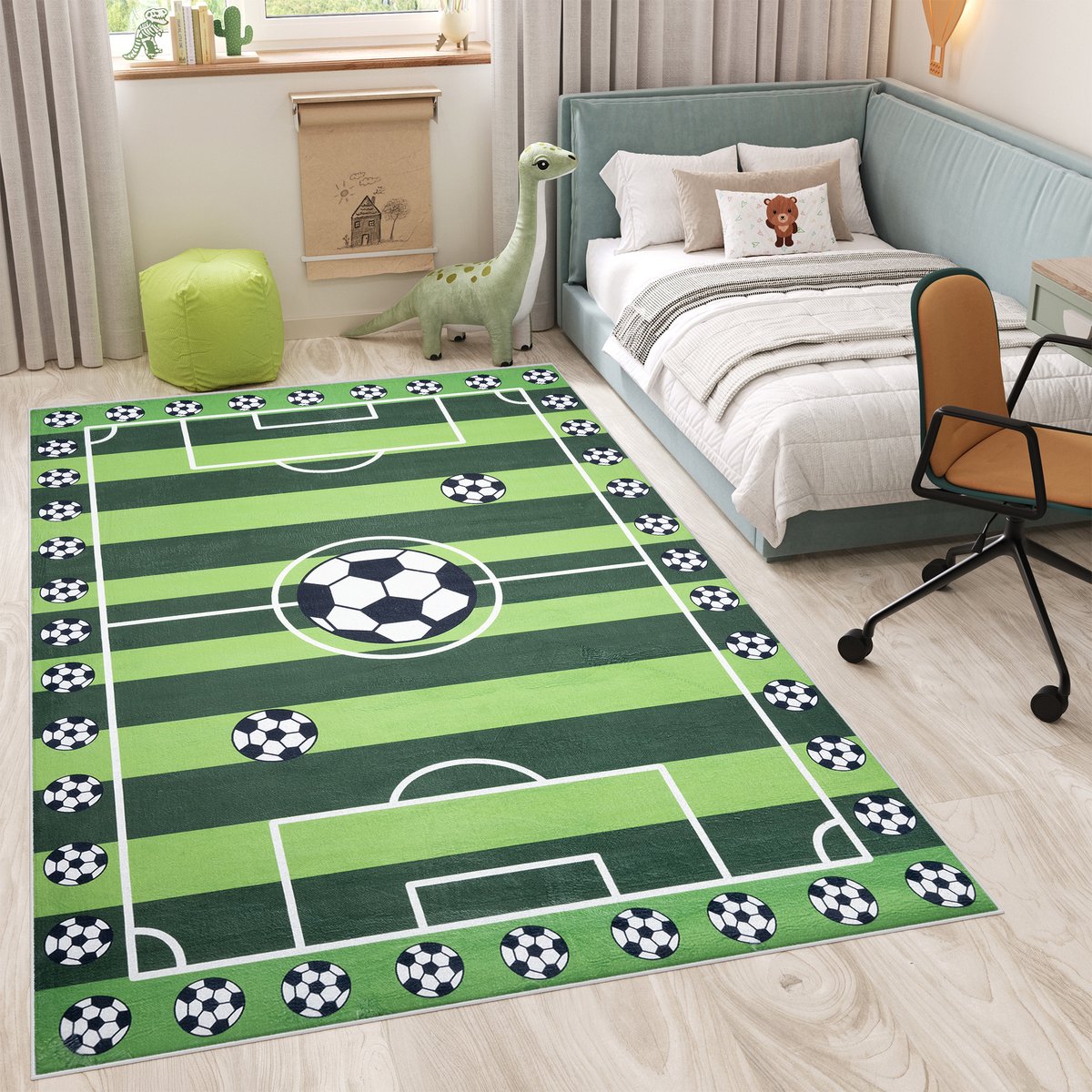 Tapiso Flannel Printed Kindertapijt Antislip Voetbalveld Kinderkamer Vloerkleed Maat- 160x